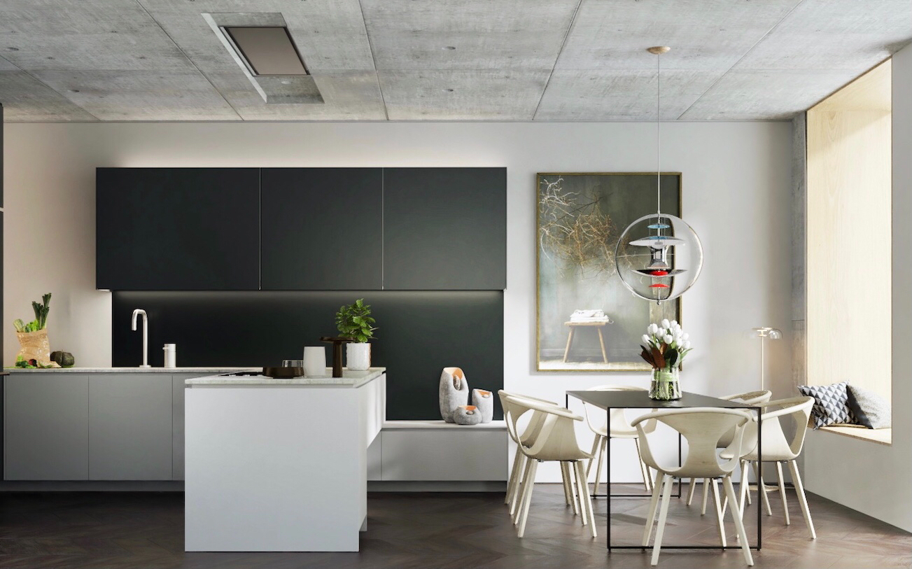 modern black and white kitchen with dining area